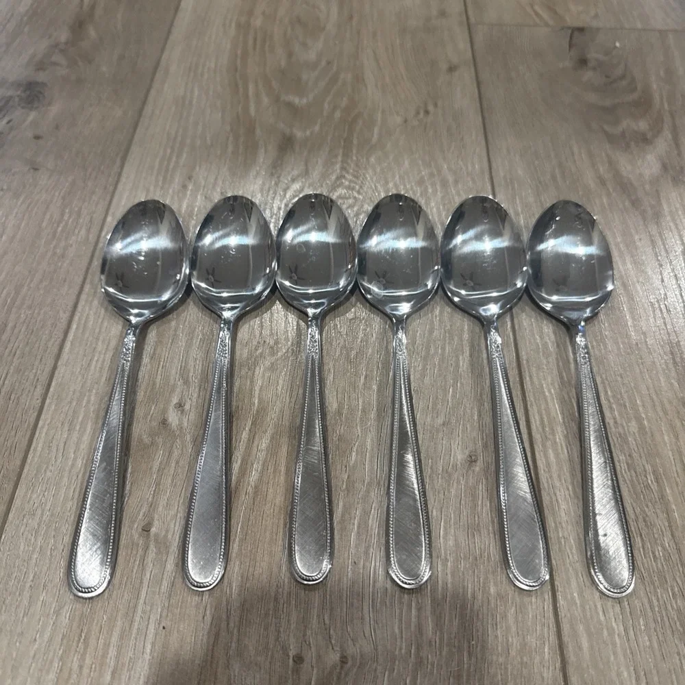6 Pcs Oval Place Spoons Vanity Stainless Beaded‎ Outline Stanley Roberts